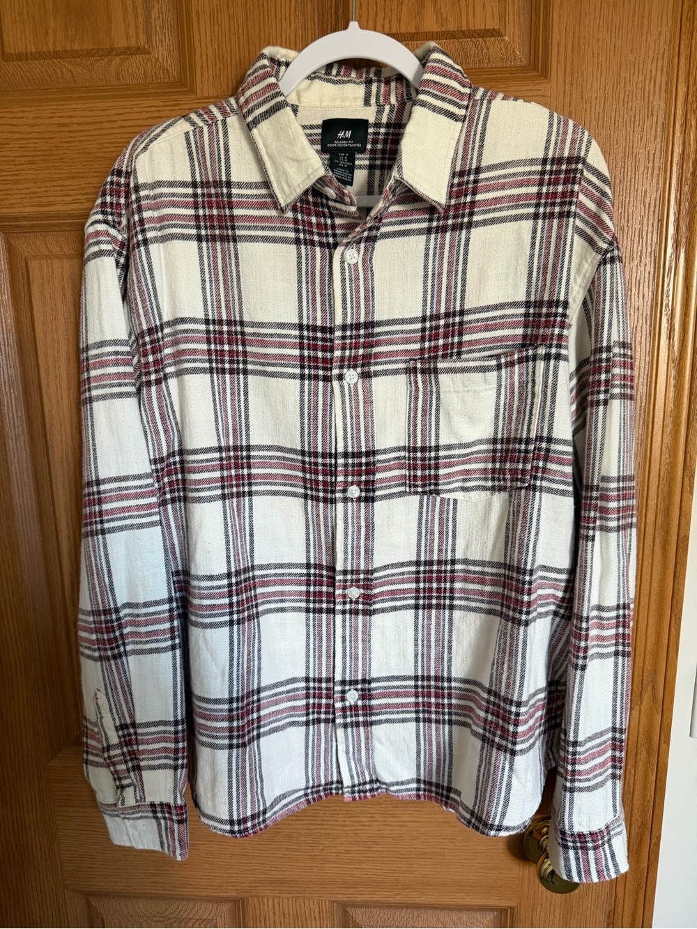 H&M Men’s Cream Plaid Button-Down Shirt with Red and Dark Brown Accents